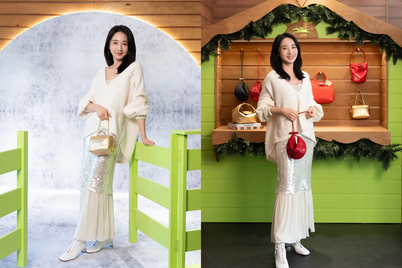 李沐以金属光泽连身裙叠穿米色针织和服外套，脚上搭配溜冰鞋造型高跟短靴。品牌提供