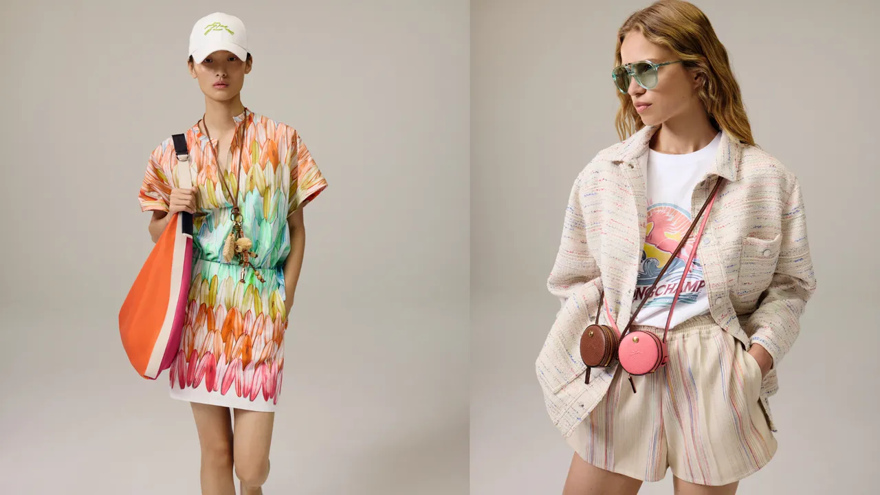 Longchamp 2026夏季系列服装可见渐层彩虹色调、冲浪板图案等元素。品牌提供