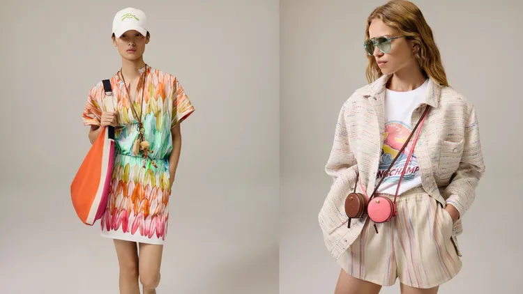 Longchamp 2026夏季系列服裝可見漸層彩虹色調、衝浪板圖案等元素。品牌提供