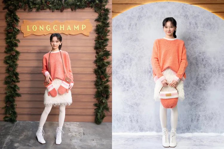 陳姸霏以珊瑚粉毛衣搭配白色長毛絨短裙、手套造型包俏麗登場。品牌提供