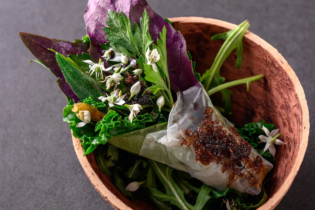 「野菜沙拉」以越南米紙捲起台灣山蔬，微酸煙燻螞蟻醬則是印度的森林系調味料，搭配烏梅醬更添層次。夏花餐室提供