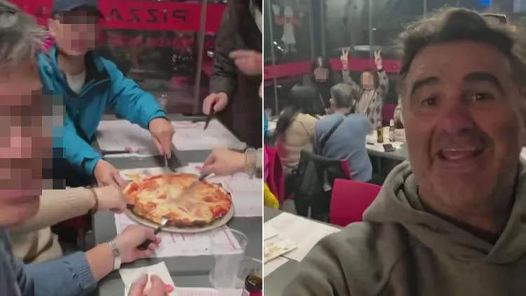 台灣十多名遊客分食5個披薩，被老闆拍攝影片公審嘲諷。翻攝自網路