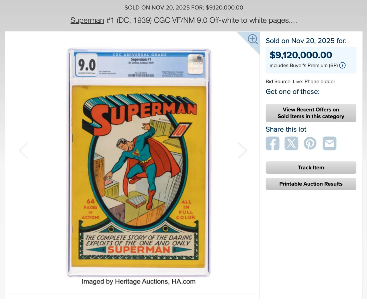 初版《超人》漫畫以天價賣出。翻攝自X