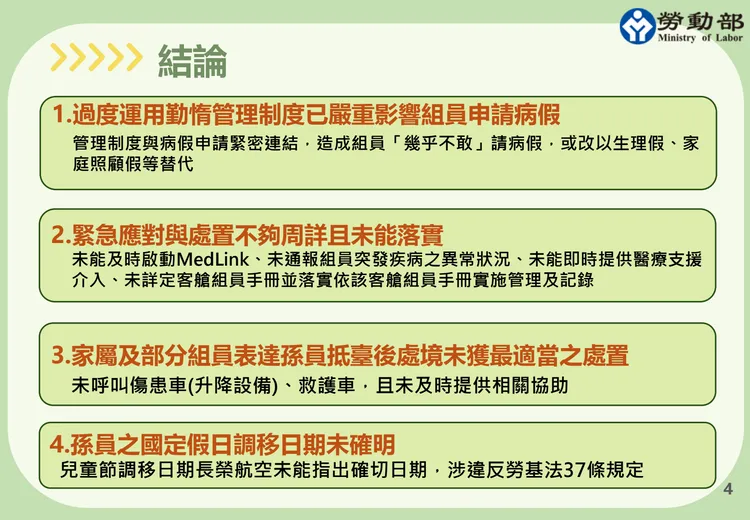 長榮航空孫姓空服員抱病執勤返台猝逝事件，調查結論出爐。勞動部提供