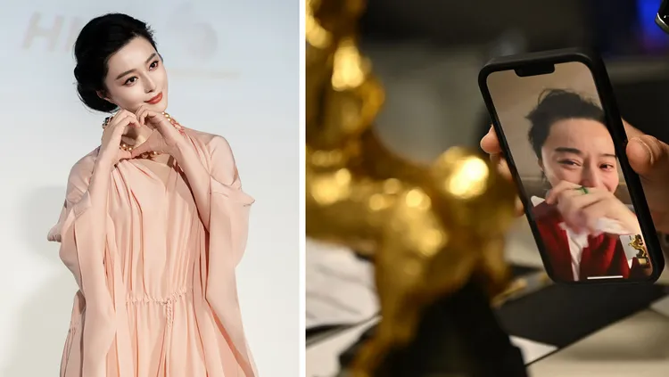 范冰冰人未出席金马颁奖典礼，以连线方式得知喜讯。左图翻摄范冰冰微博，右图翻摄金马奖Threads