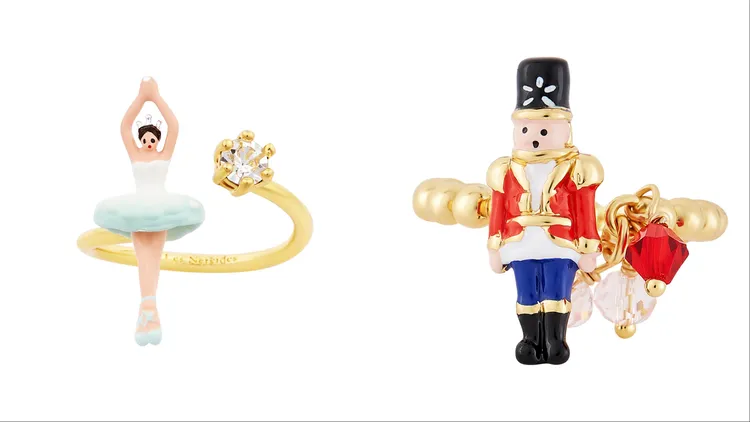 Les Néréides胡桃鉗進行曲 迷你芭蕾戒指（左）、胡桃鉗進行曲 胡桃鉗士兵戒指（右），各3800元。品牌提供