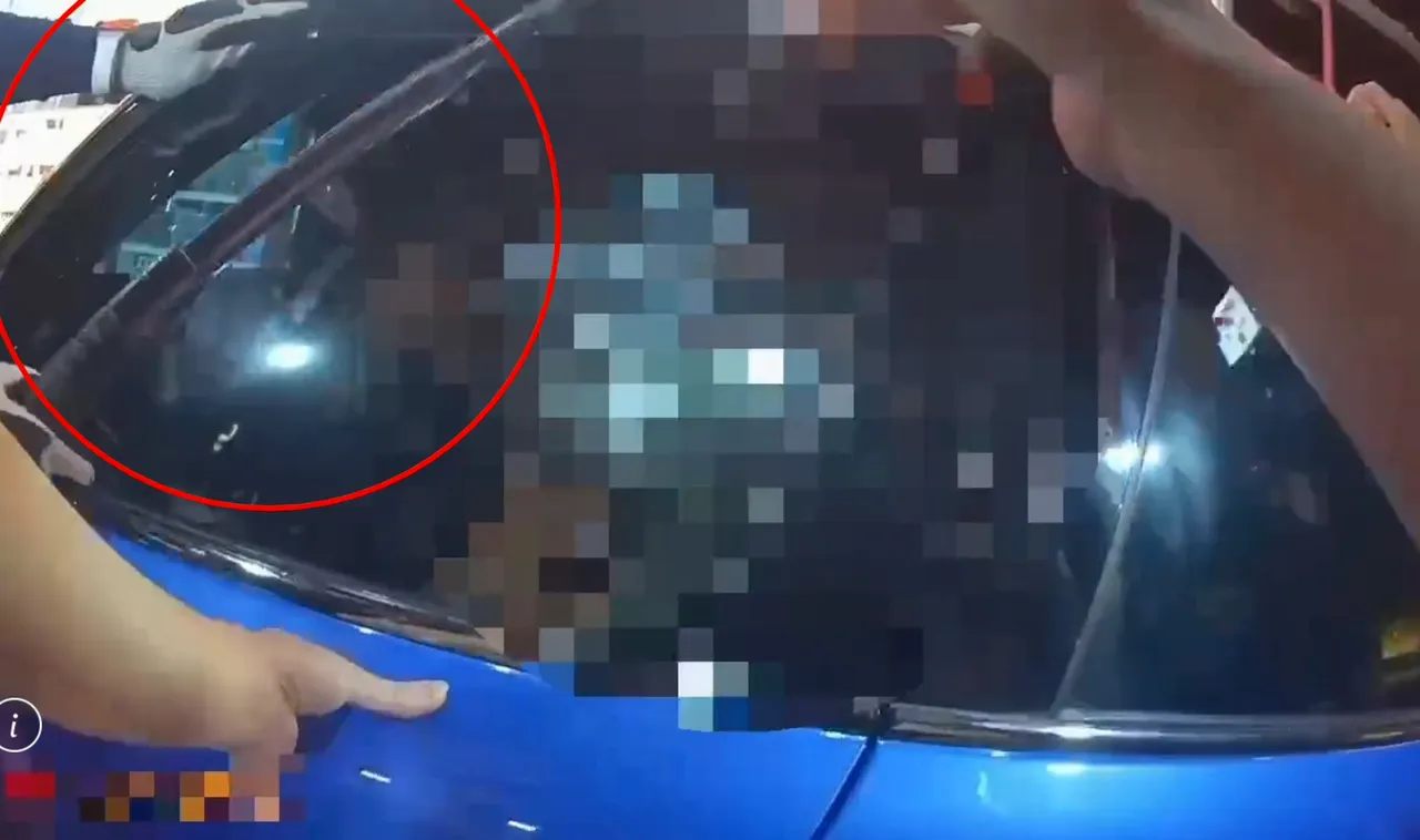 警方與違停男子僵持超過半小時，最終以警棍破窗，將男子拖出車外逮捕。翻攝畫面