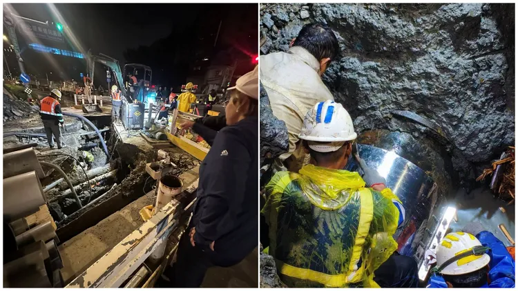 台電在板橋區四川路二段及高爾夫路口施工時，不慎挖斷自來水管，聯繫台水搶修。翻攝黃淑君臉書