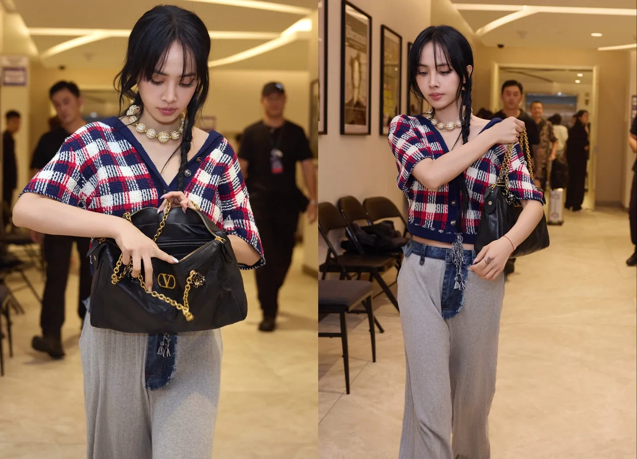 蔡依林则以格纹针织衫搭配拼接棉裤营造悠闲感，更绑起俏皮麻花辫大展冻龄状态。品牌提供