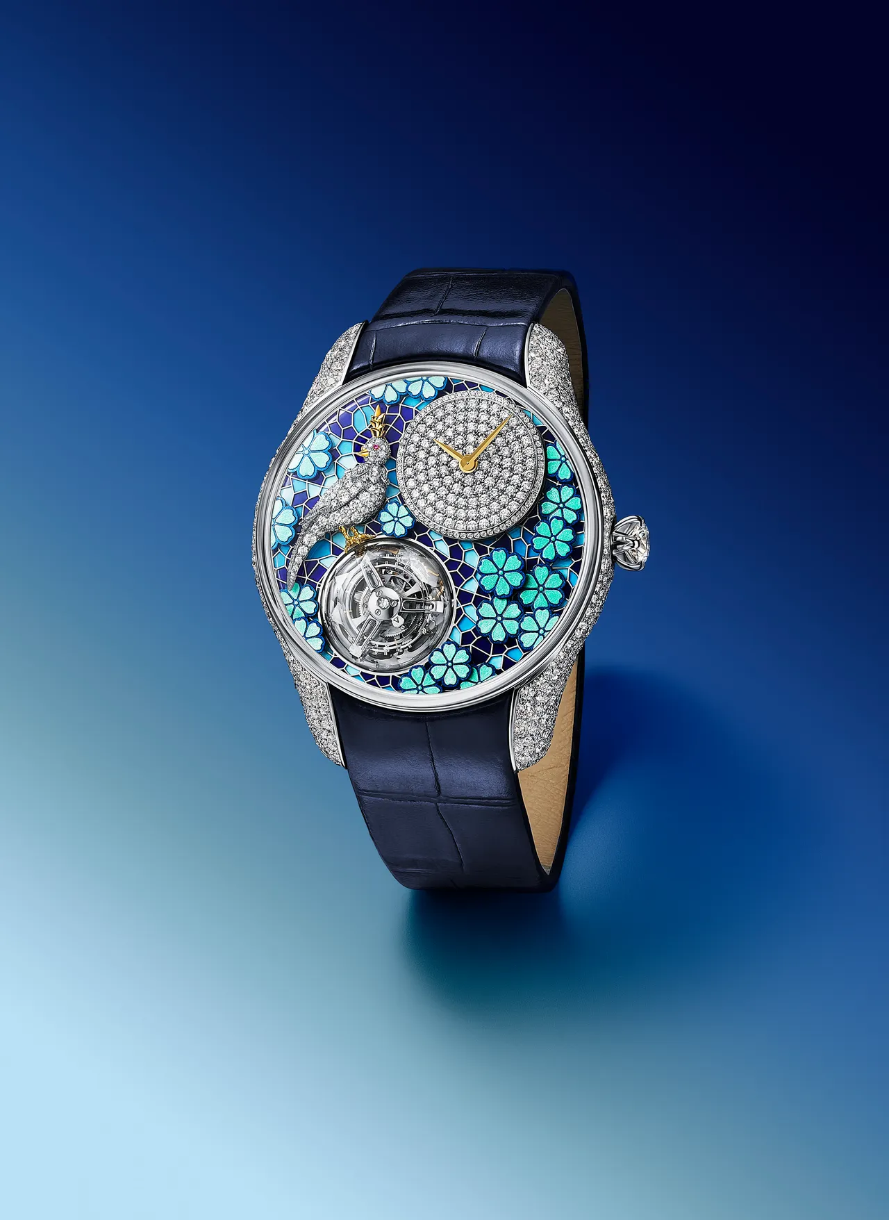 Jean Schlumberger by Tiffany 高级珠宝系列Bird on a Flying Tourbillon Azure Blossom 飞行陀飞轮腕表。品牌提供