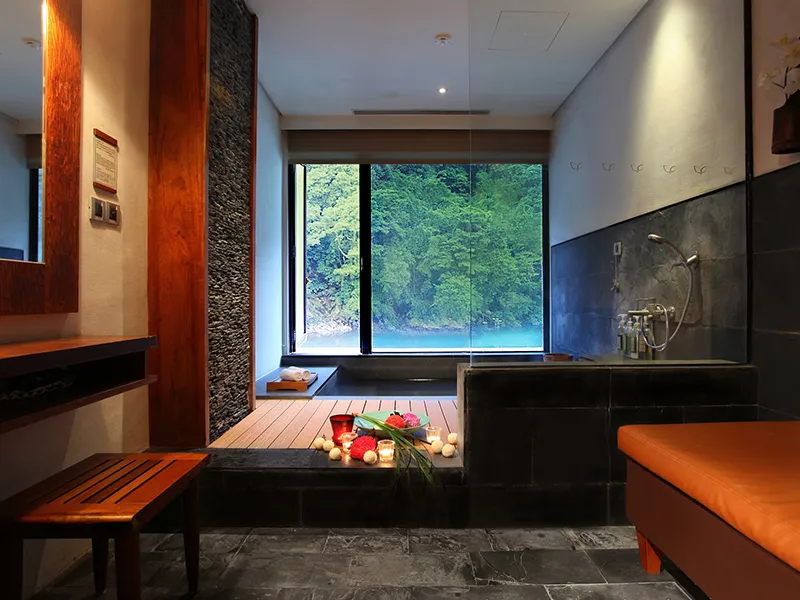 国旅房型示意图。图为乌来馥兰朵渡假酒店景观汤屋，高铁提供