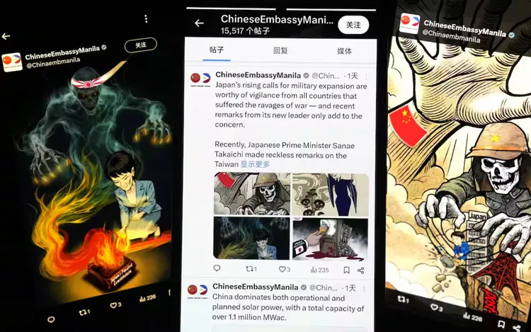 中國駐外使館在X上發布漫畫諷刺高市早苗要軍國主義復辟。