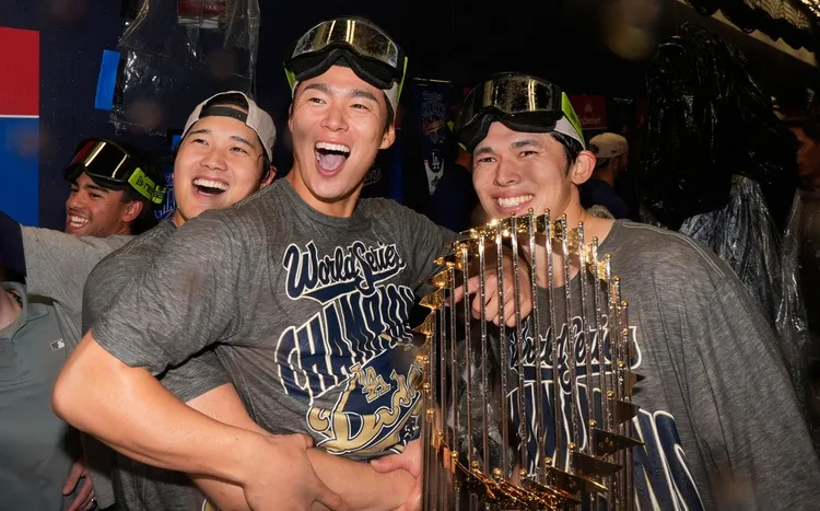 「日本三本柱」(由左至右)大谷翔平、山本由伸、佐佐木朗希等。美联社