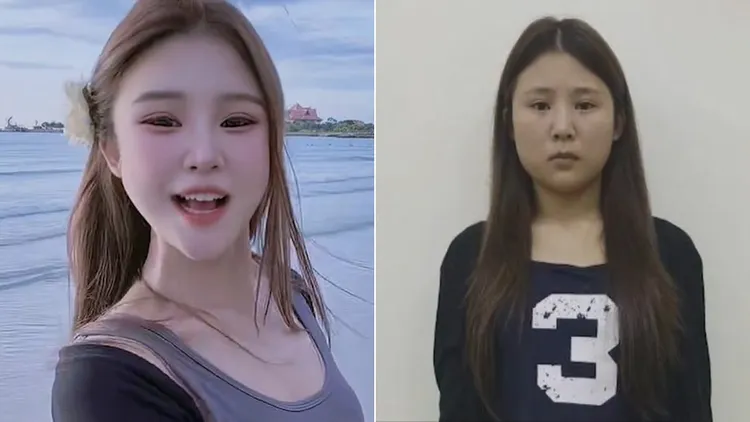 「橙子姐姐」張慕澄落網後（右圖）的畫面曝光，與平時社群的光鮮燦笑有著巨大差異。翻攝自《柬中時報》