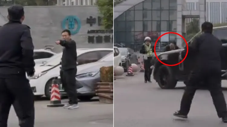 休旅车驾驶开车撞倒长刀男，帮助警察逮人。翻摄自微博