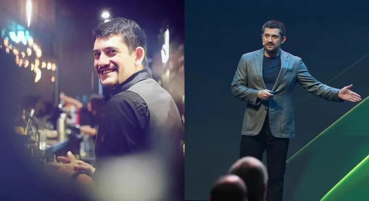 黄仁勋儿子黄胜斌弃调酒师(左)转型科技人，今出席2025鸿海科技日(右)。左图翻摄R&D IG、右图彭欣伟摄