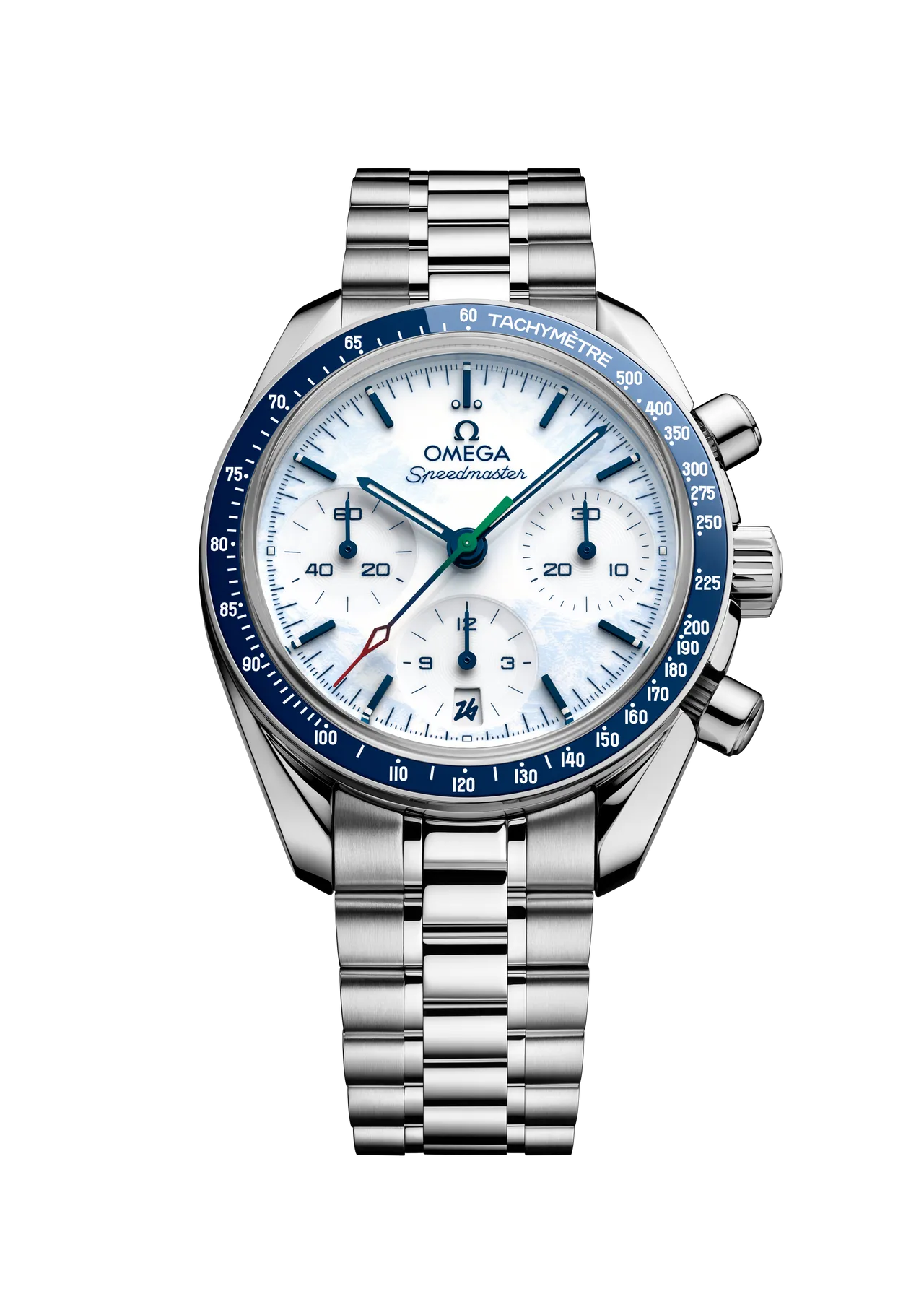 OMEGA 超霸Milano Cortina 2026 Paralympic 限定腕表，38mm，抛光不锈钢表壳，白色亮漆表盘覆以淡蓝冰霜质感涂层，抛光与拉丝交错的不锈钢表炼，3330自动上链同轴擒纵机芯，动力储存52小时。品牌提供
