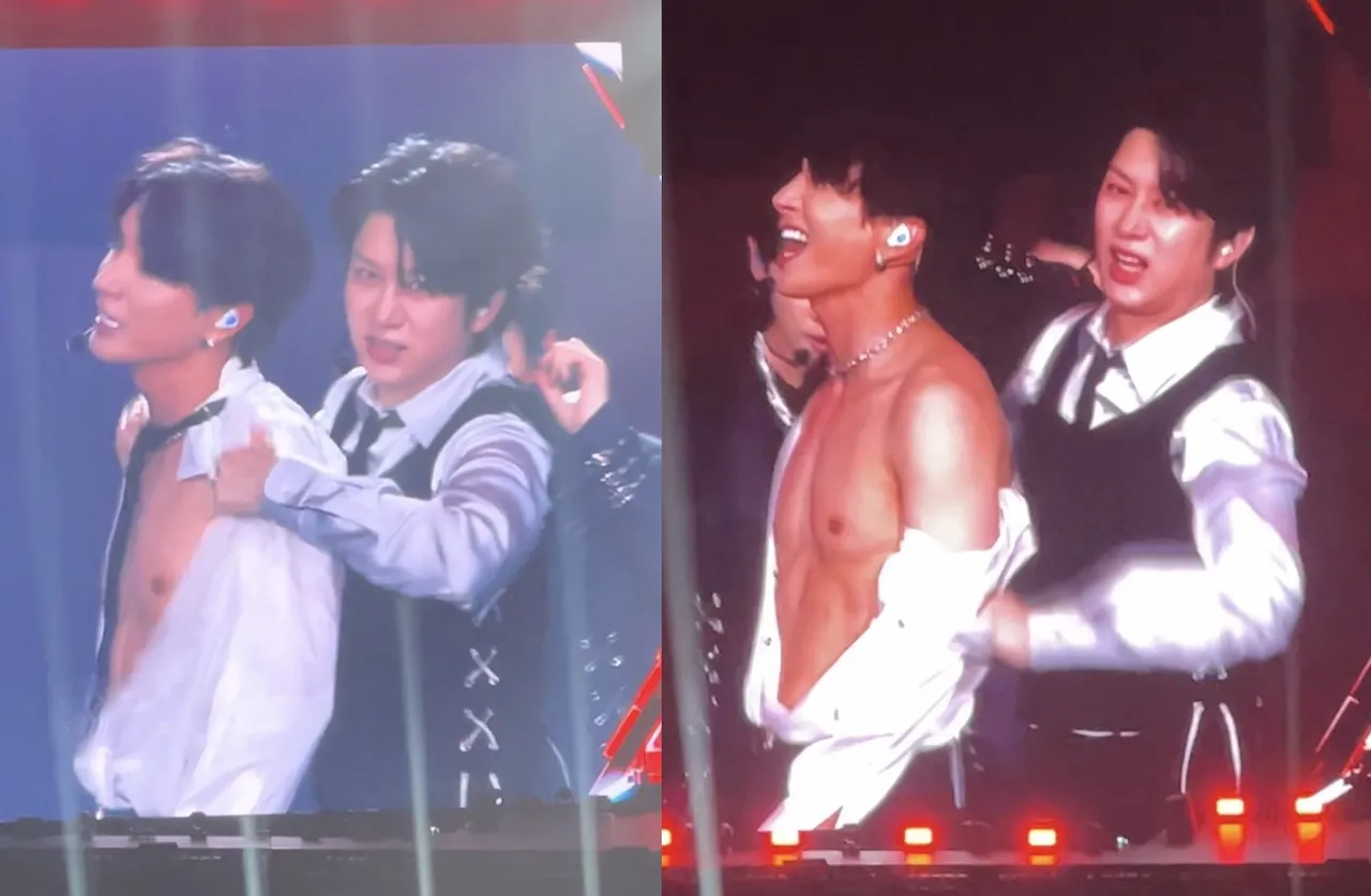 希澈唱到《BONAMANA》，从后方扯开希澈的衬衫，健壮腹肌见客。读者提供