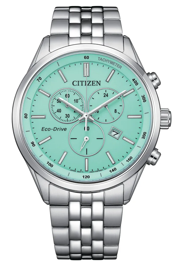 CITIZEN「Blue Glow Night」系列AT2570-56M光動能碼錶計時錶，1萬5900元。品牌提供