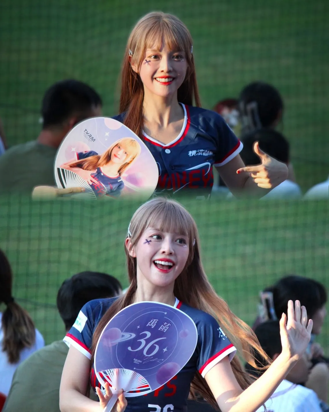 禹菡在球場拿著粉絲做的應援扇子。樂天桃猿提供