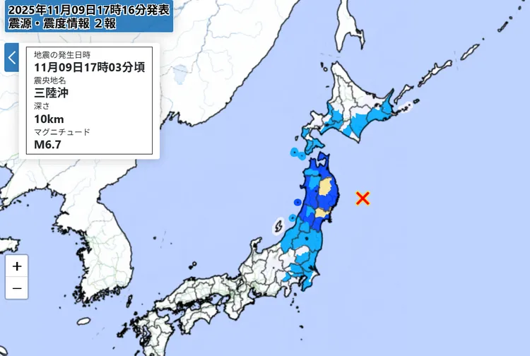 日本東北近海9日傍晚發生強震（規模稍早上調為6.9）。翻攝自日本氣象廳