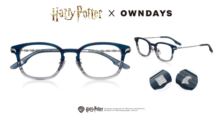 雷文克勞款以漸層藍色營造智慧感，並在鏡腳尾端以老鷹羽毛呼應學院特色。品牌提供