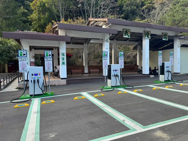 武陵農場增設電動車充電設施，共有快充6槍、慢充5槍。武陵農場提供