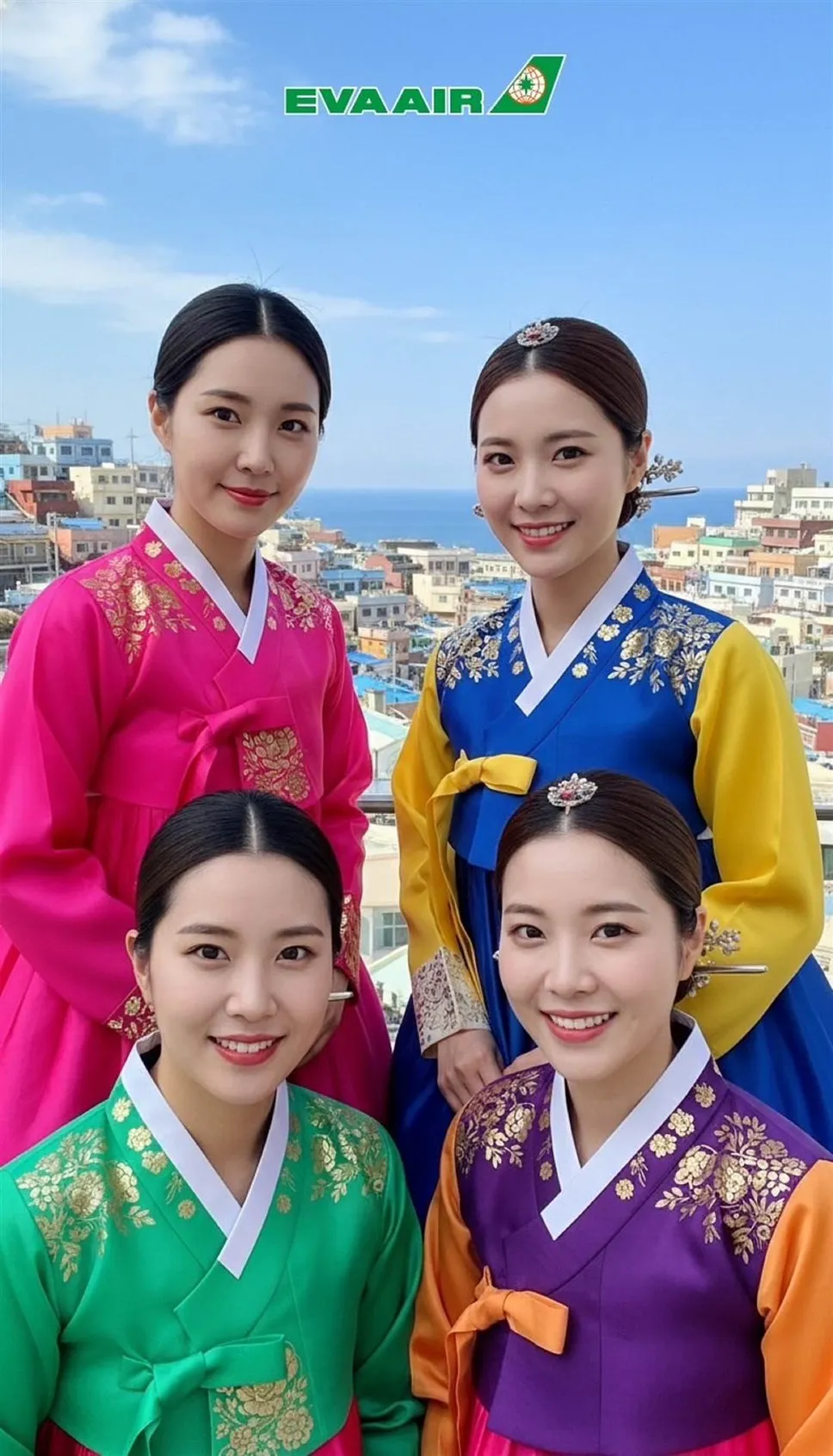 旅展现场「AI生成拍照区」可让体验民众一秒变身韩服风情。长荣航空提供