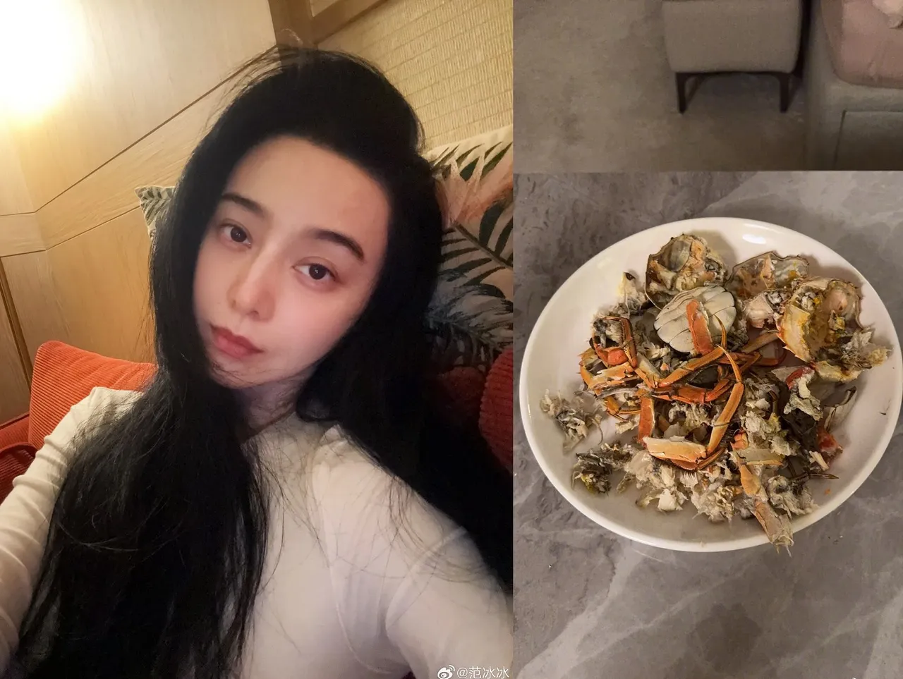 范冰冰今凌晨發出自拍照和蟹殼，並說：「剛回覆完所有好友的六百多條祝福訊息後，爆啃了三隻大閘蟹，此刻，有點幸福，有點懵…………」這篇PO文今早突然消失。翻攝范冰冰微博