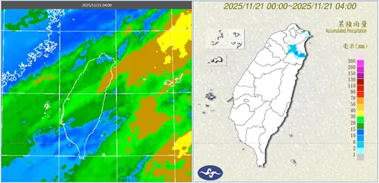 今（21）日清晨4時紅外線雲圖顯示，台灣上空有鬆散中層雲，迎風面低層雲（左）帶來北海岸及東北部局部降雨（右）。氣象應用推廣基金會、中央氣象署