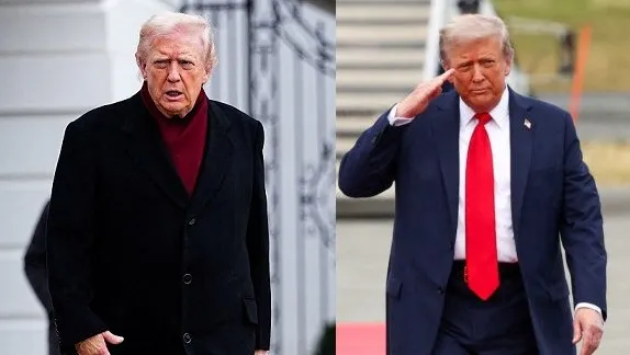 川普的新造型（左）突破以往的紅色超長領帶風格。路透社