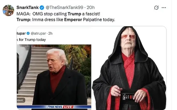 美国政治评论者亏，川普的新造型有如「星际大战」反派白卜庭皇帝与「教父」柯里昂的混合体。翻摄X@SnarkTank