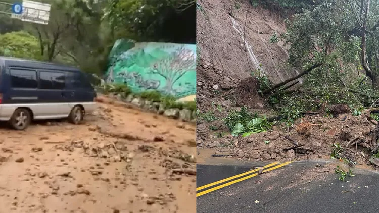 菁山路先前因豪雨掏空擋土牆，造成土石滑落。翻攝自threads_@_elegant_lash、市議員陳重文