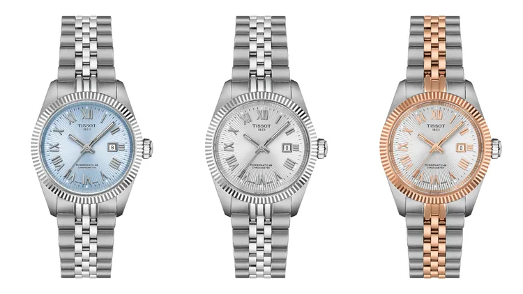 TISSOT Ballade系列COSC認證自動腕錶30mm冰藍色款（左起）3萬1300元、銀色款3萬1300元、玫瑰金PVD雙色款3萬4300元。品牌提供