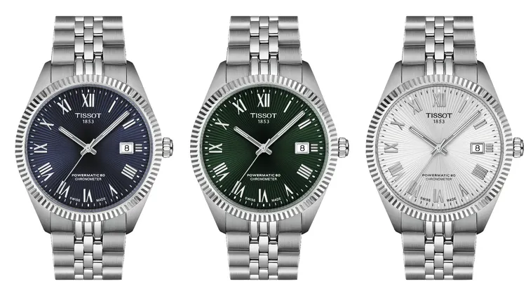 TISSOT Ballade系列COSC認證自動腕錶39mm深藍（左起）、銀色、綠色，各3萬1300元。品牌提供