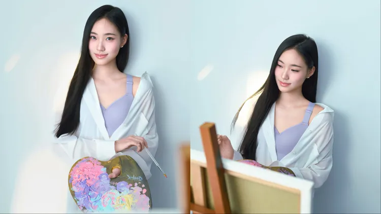 Lily換上紫色運動內衣、白色透膚外套，展現身處畫室的放鬆自在風格。品牌提供