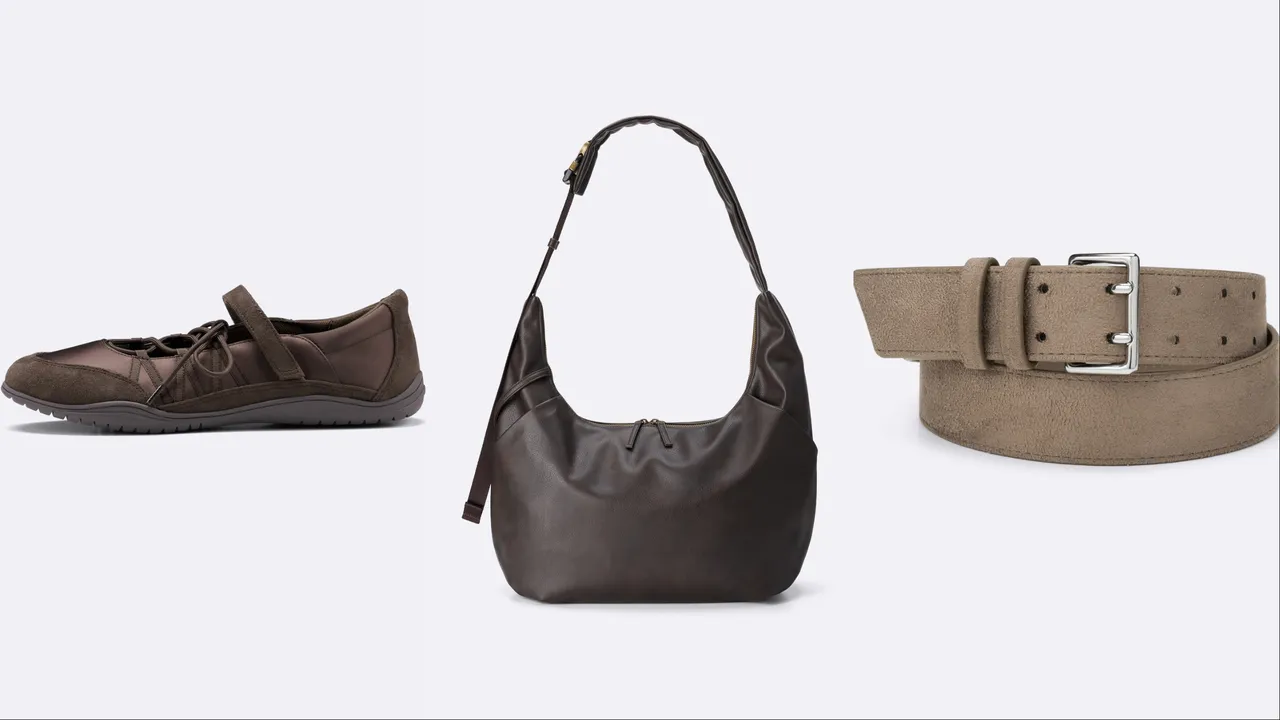 GU系带芭蕾运动鞋（左起）限定价890元、肩背包限定价690元、双孔腰带限定价250元。品牌提供