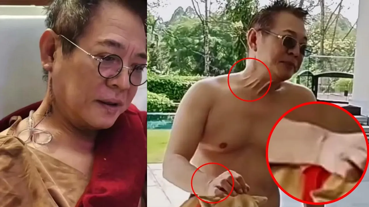 李连杰PO出游泳影片自证没动心脏手术，但神奇的是，之前割除颈部肿瘤的疤痕也消失了，手腕处皱褶像袖口，脖子皮肤不自然，网友怀疑他穿人工皮或肉胎衣。翻摄李连杰抖音