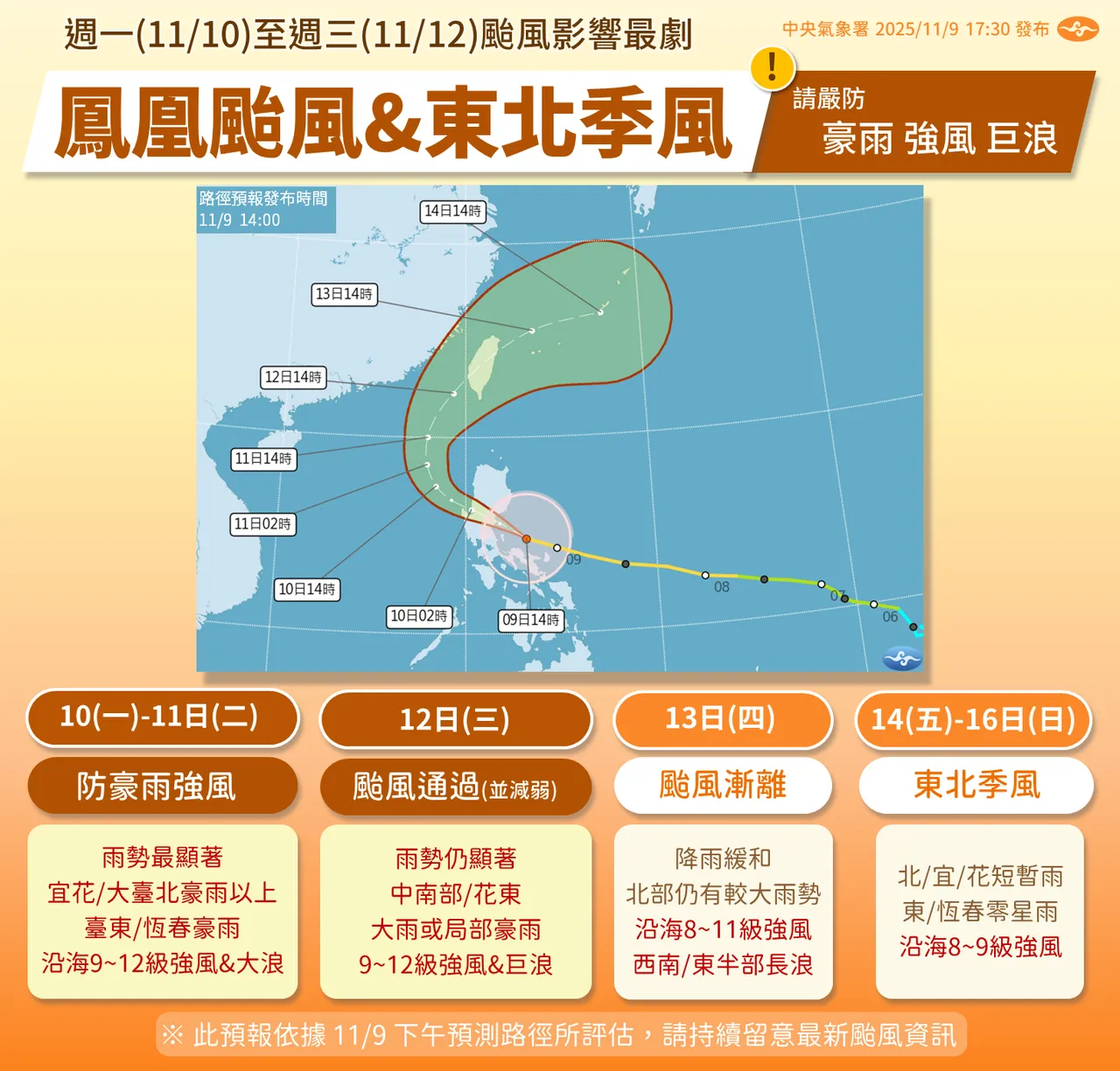 今天至后天共伴效应发威，提醒民众慎防豪雨强风和巨浪。中央气象署