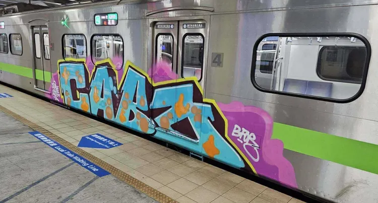 台铁1108次区间车第4车厢遭不明人士喷漆涂鸦。翻摄自s.onewayticket