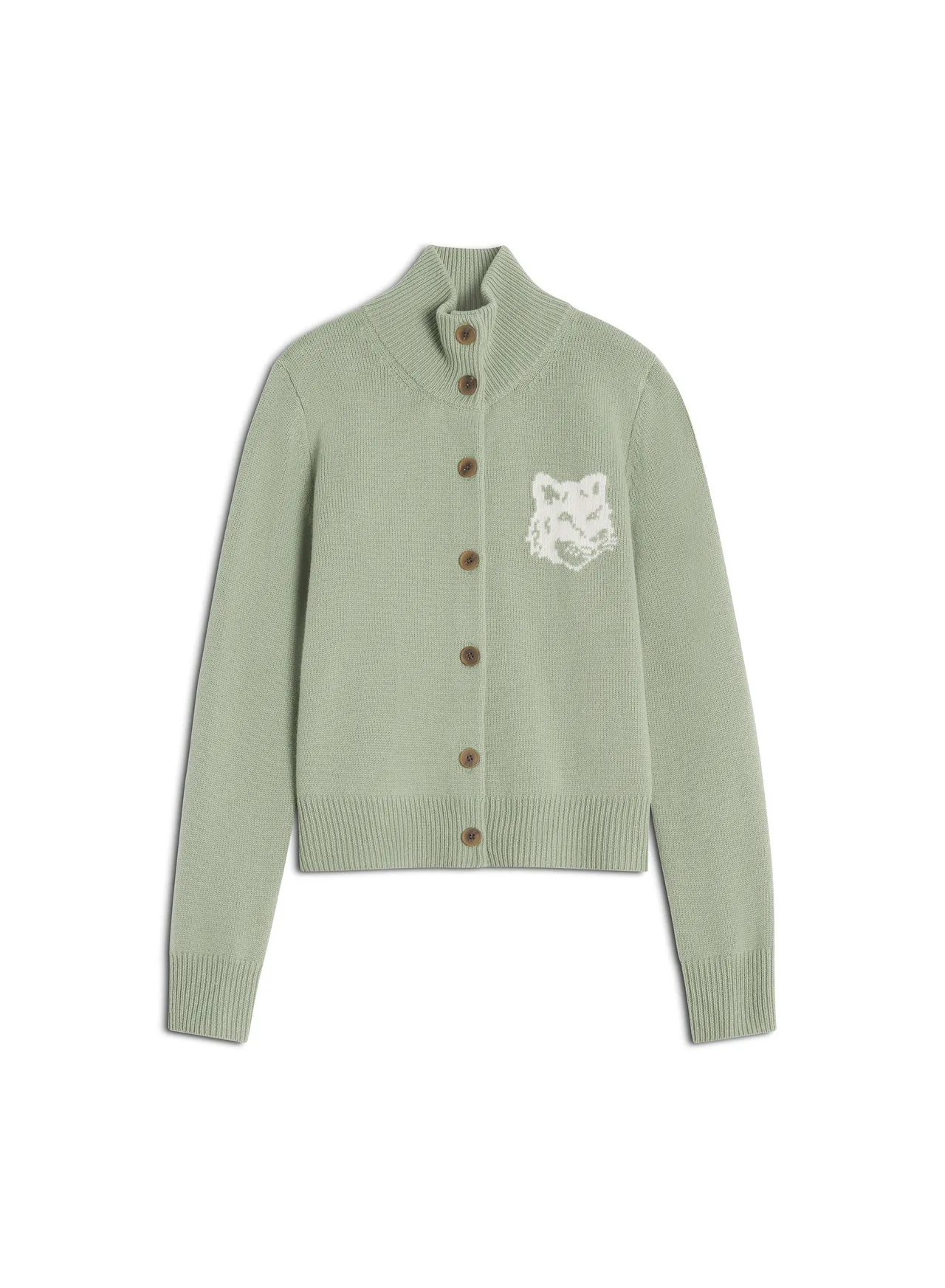 Maison Kitsuné鼠尾草绿嵌花针织狐狸头高领开襟针织衫 ，1万5700元。品牌提供