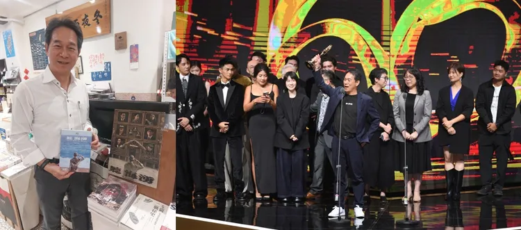 童维辰（左，凃建丰摄）成立三余创投挹注资金给《听海涌》团队，该剧也在今年金钟60大放异彩，一举夺得5项大奖！（右，翻摄自三立直播金钟奖颁奖典礼画面）