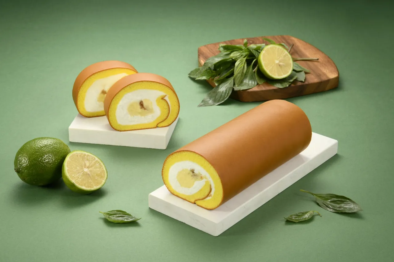 亞尼克YTM獨家限定九層塔檸檬生乳捲，綠檸檬酸甜竟帶著獵奇尾韻，等著嚐鮮族FUN膽開吃。業者提供