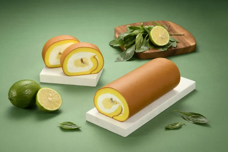 亞尼克YTM獨家限定九層塔檸檬生乳捲，綠檸檬酸甜竟帶著獵奇尾韻，等著嚐鮮族FUN膽開吃。業者提供