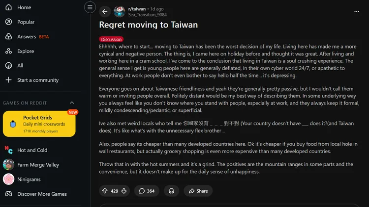 一名外國網友發文表示後悔搬到台灣生活。翻攝自reddit