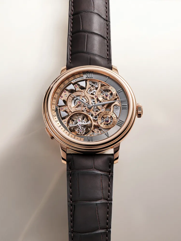 Blancpain Grande Double Sonnerie大雙自鳴腕錶，47mm，紅金錶殼，5N 金錶盤，短吻鱷魚皮（顏色可選）錶帶，15GSQ型自製機芯，走時動力96小時；報時動力（大自鳴模式）12小時，防水深度10米，年產量以兩只為限。品牌提供