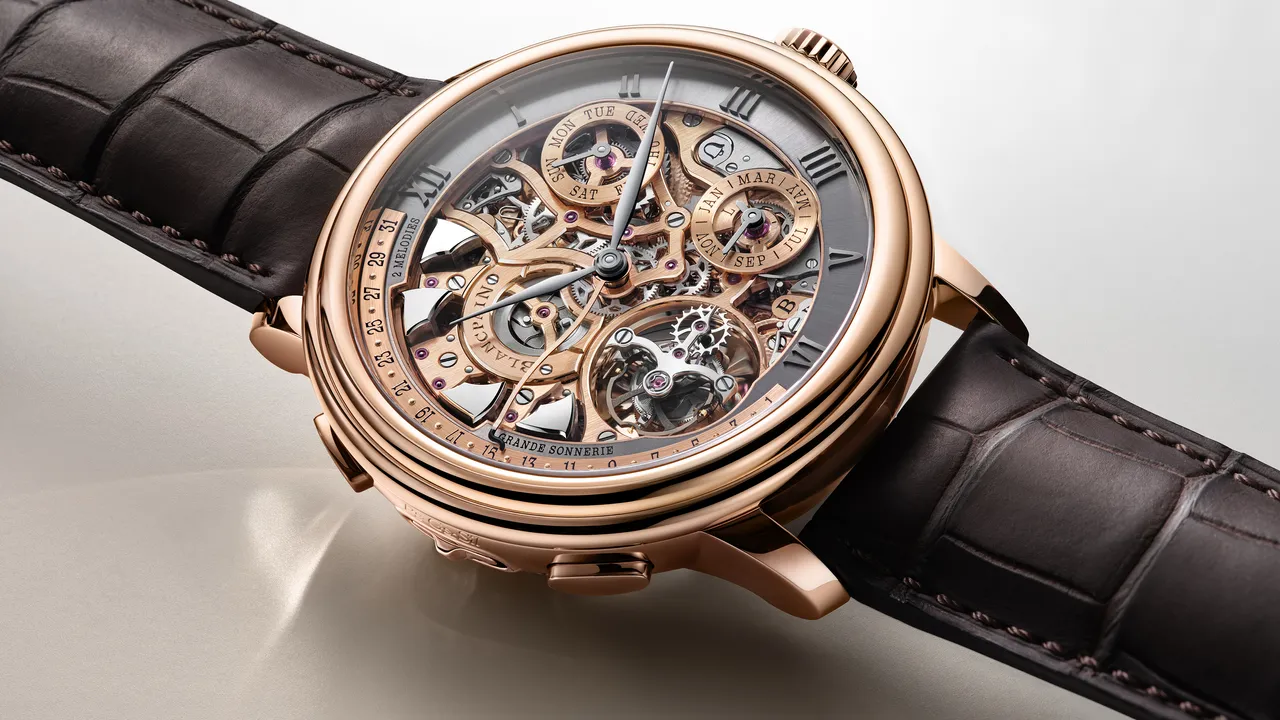 Blancpain Grande Double Sonnerie大雙自鳴腕錶，47mm，紅金錶殼，5N 金錶盤，短吻鱷魚皮（顏色可選）錶帶，15GSQ型自製機芯，走時動力96小時；報時動力（大自鳴模式）12小時，防水深度10米，年產量以兩只為限。品牌提供