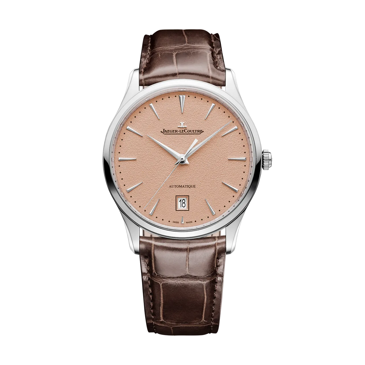 積家Master Ultra Thin Date超薄大師系列日期顯示腕錶，39mm，精鋼錶殼，銅色粒紋錶盤，棕色鱷魚皮錶帶，積家899型自動上鍊機械機芯，動力儲存70小時，防水深度50米，限量800只。品牌提供
