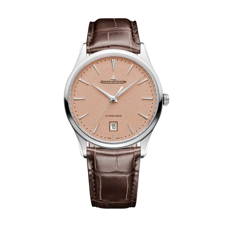 積家Master Ultra Thin Date超薄大師系列日期顯示腕錶，39mm，精鋼錶殼，銅色粒紋錶盤，棕色鱷魚皮錶帶，積家899型自動上鍊機械機芯，動力儲存70小時，防水深度50米，限量800只。品牌提供
