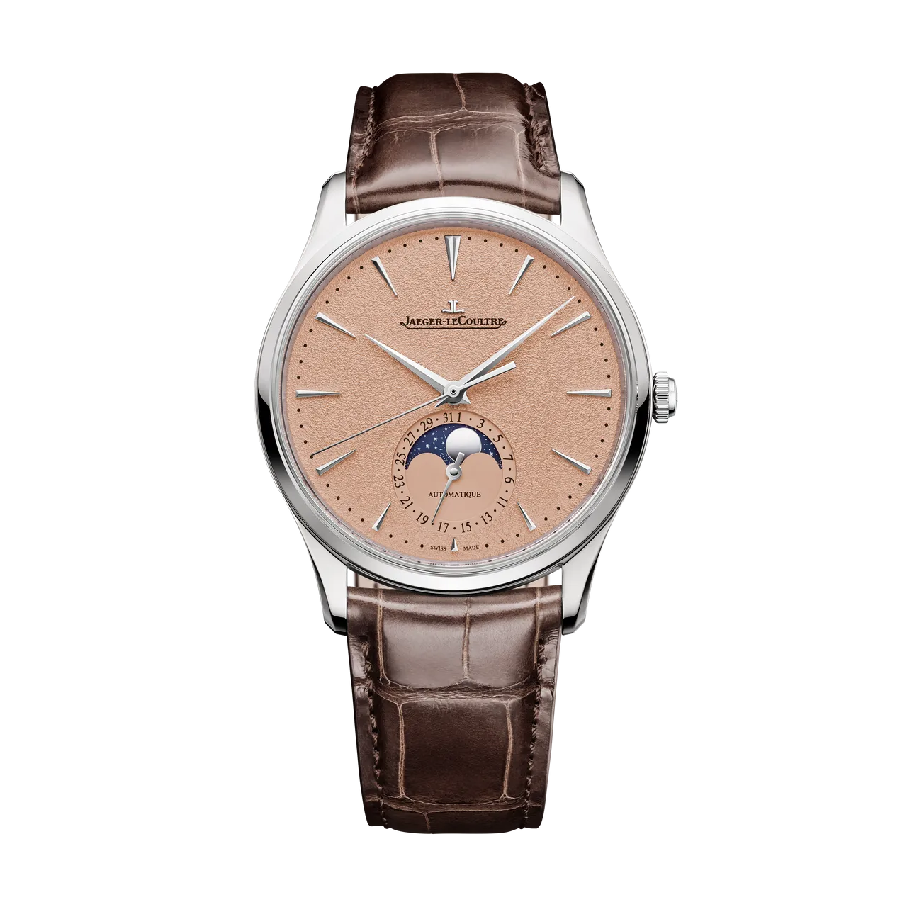 積家Master Ultra Thin Moon超薄大師系列月相腕錶，39mm，精鋼錶殼，銅色粒紋錶盤，棕色鱷魚皮錶帶，積家925型自動上鍊機械機芯，動力儲存70小時，防水深度50米，限量 800 只。品牌提供